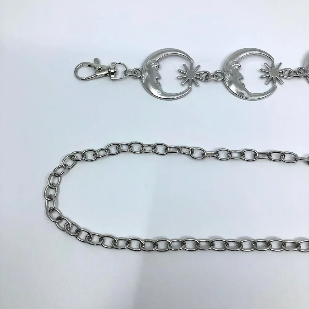 Vintage Y2K Celestial Silver Moon Star Chain Belt, Fits 12–41 Inches, X7GA1234